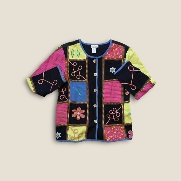 Vintage 90s-Y2K Coldwater Creek Patchwork Embroidered Jacket Black Combo Small - Picture 2 of 7